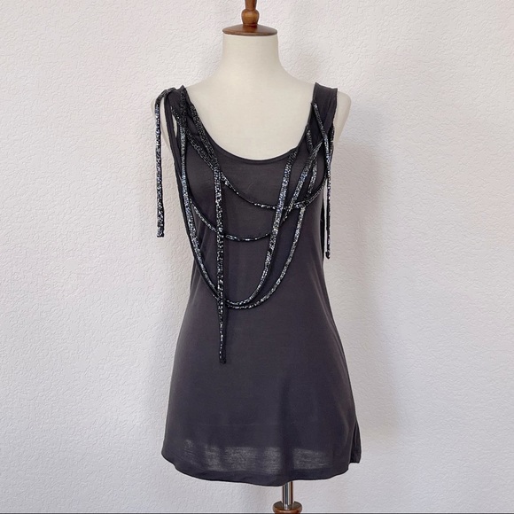 Urban Outfitters Lux brand charcoal knit tank with draped beaded fabric strips - Picture 2 of 4